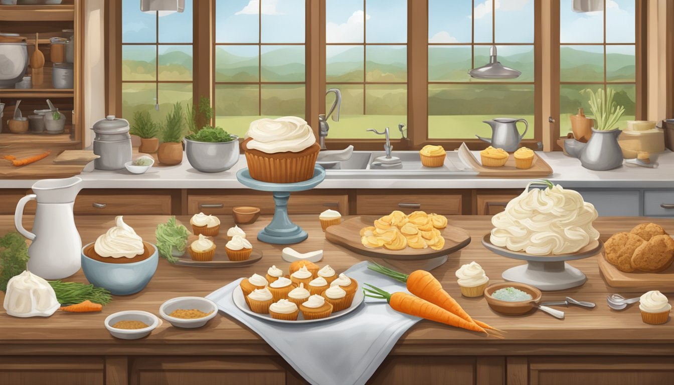 A rustic kitchen counter with a tray of carrot cupcakes topped with cream cheese icing, surrounded by scattered ingredients and a Texas-themed apron