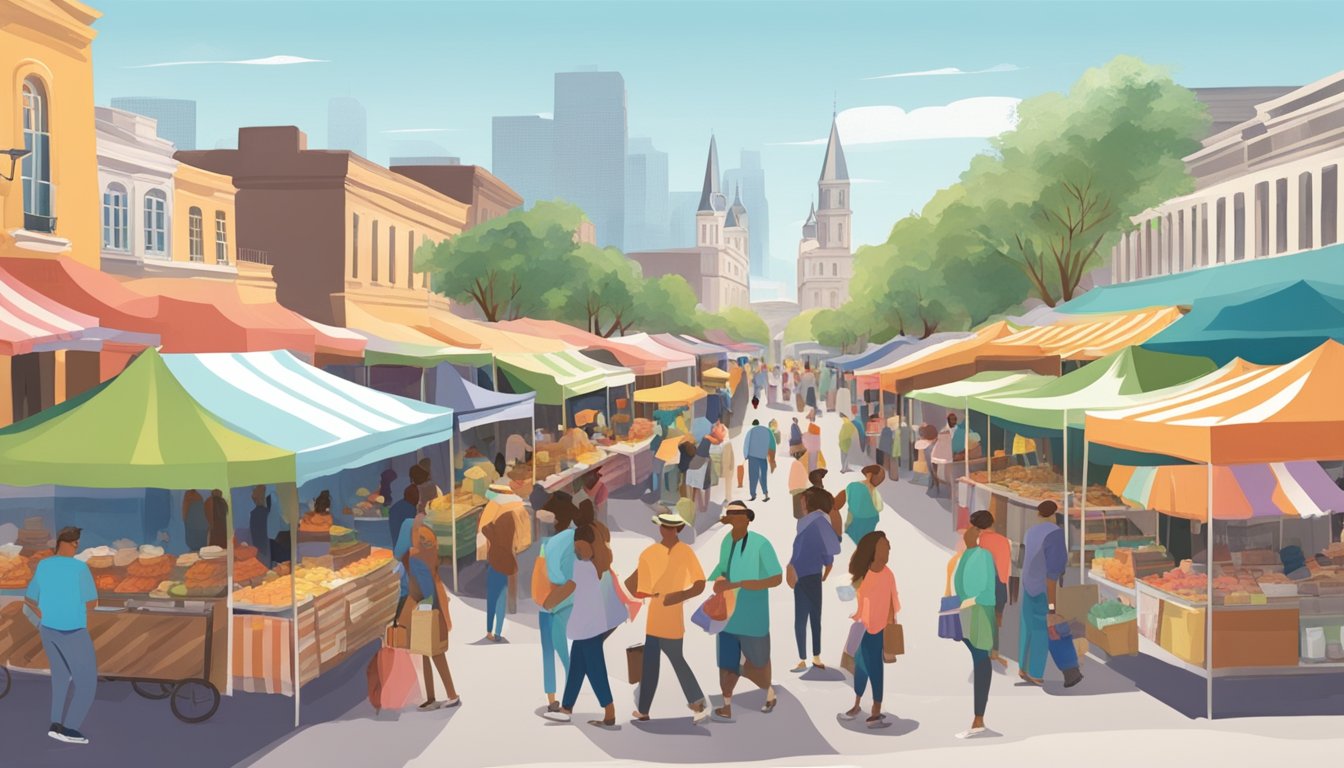 A bustling outdoor market with vendors selling Texas and New Orleans style beignets. A mix of colorful tents and food carts line the street, with people sampling and enjoying the different variations