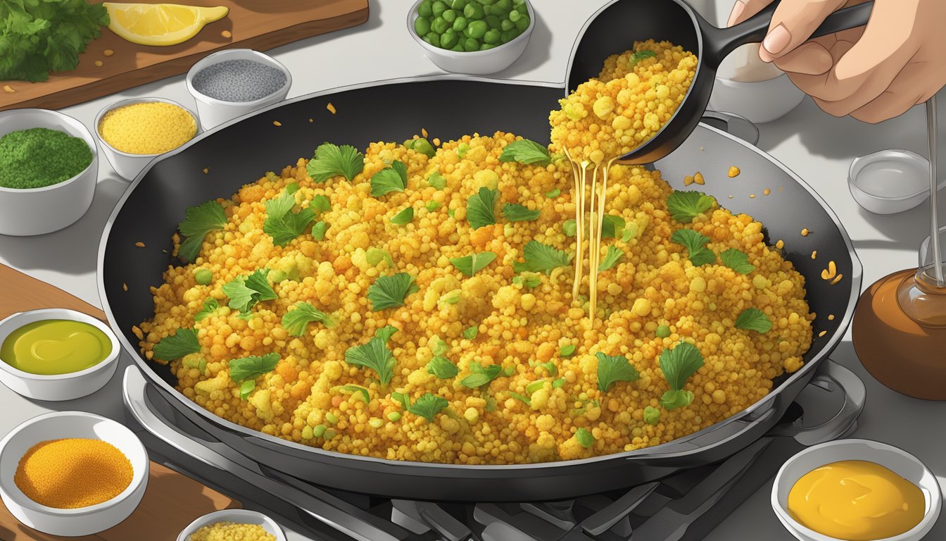 A sizzling skillet of turmeric cauliflower fried rice being drizzled with Texas-style alternative cooking oils and sauces