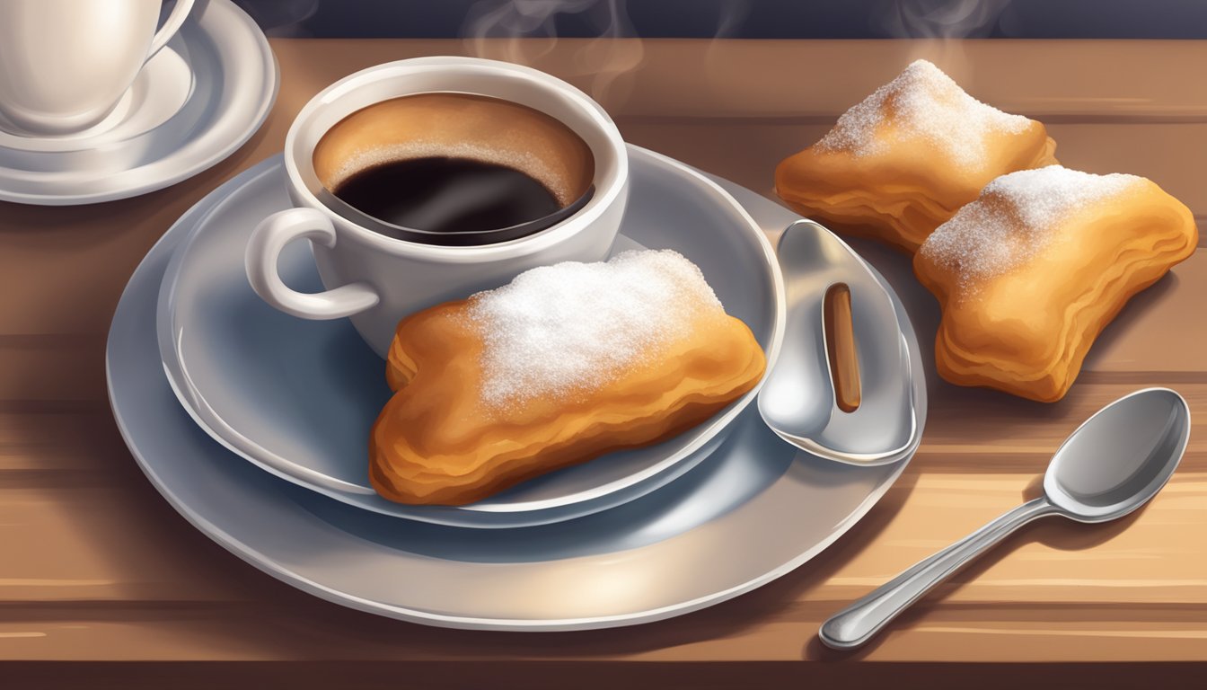 A table set with a plate of warm, fluffy beignets, accompanied by a steaming cup of coffee, in a cozy Texan or New Orleans-style cafe