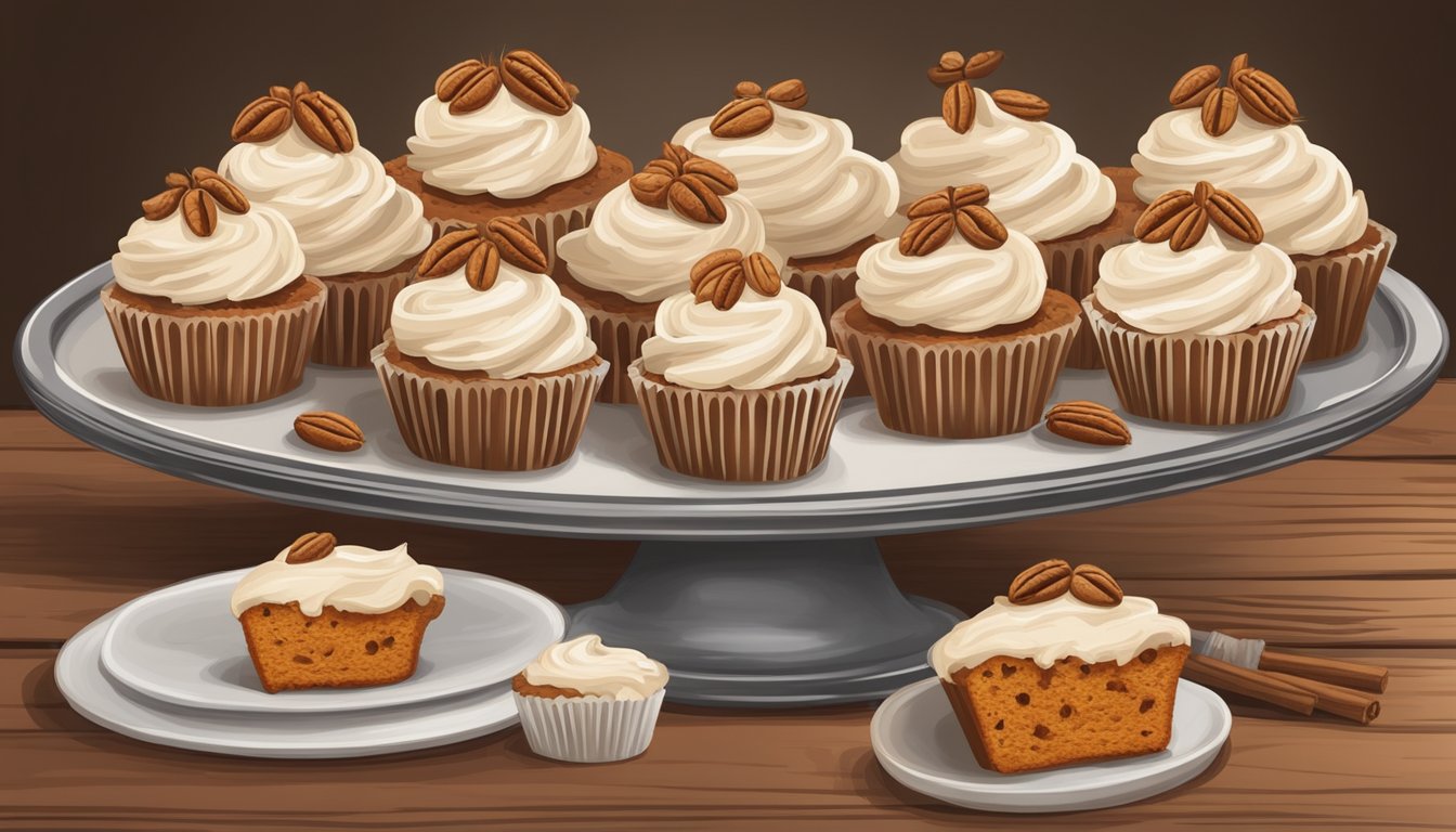 A rustic wooden table with a platter of carrot cupcakes topped with cream cheese icing, garnished with chopped pecans and a dusting of cinnamon