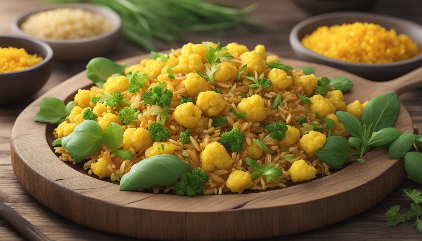 A sizzling skillet of golden turmeric cauliflower fried rice, garnished with fresh herbs and served on a rustic wooden platter