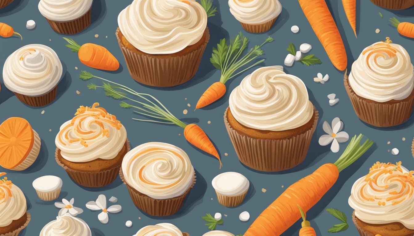 A rustic kitchen scene with a wooden table holding a tray of freshly baked carrot cupcakes topped with creamy swirls of cream cheese icing. Ingredients like carrots, flour, and sugar are scattered around