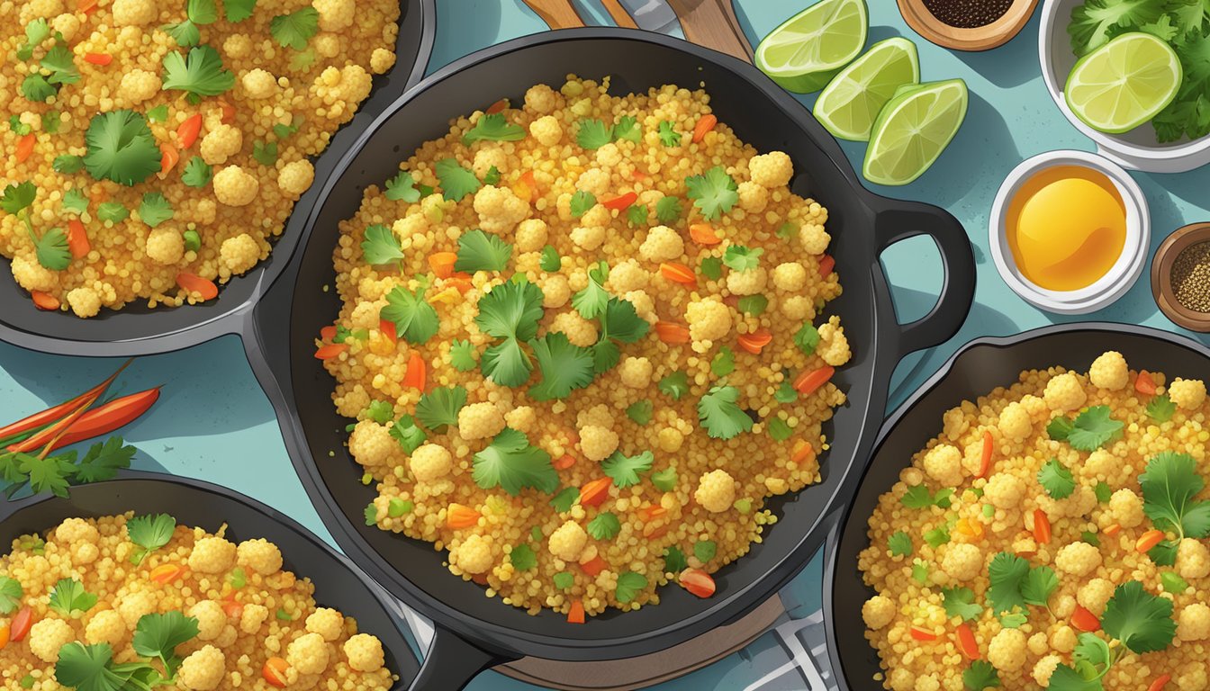 A sizzling skillet of golden cauliflower fried rice with colorful Texas-style seasoning