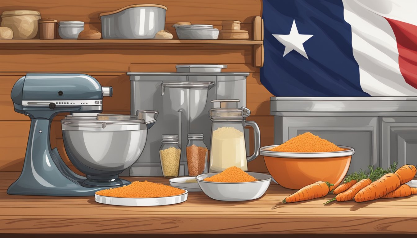 A rustic kitchen counter with a mixing bowl, grated carrots, and ingredients for carrot cupcakes. A Texas flag hangs in the background