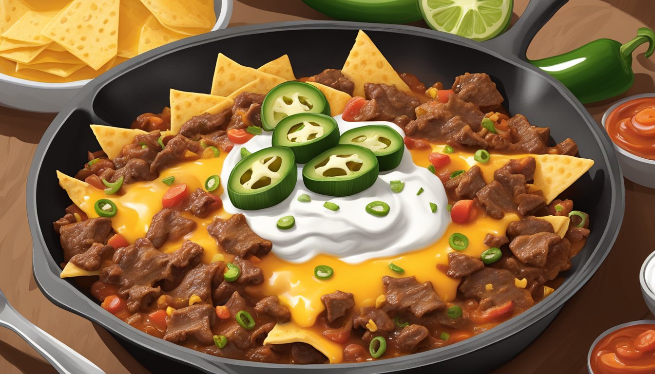 A sizzling skillet of loaded nachos topped with spicy Texas-style beef chili, gooey melted cheese, fresh jalapenos, and tangy sour cream