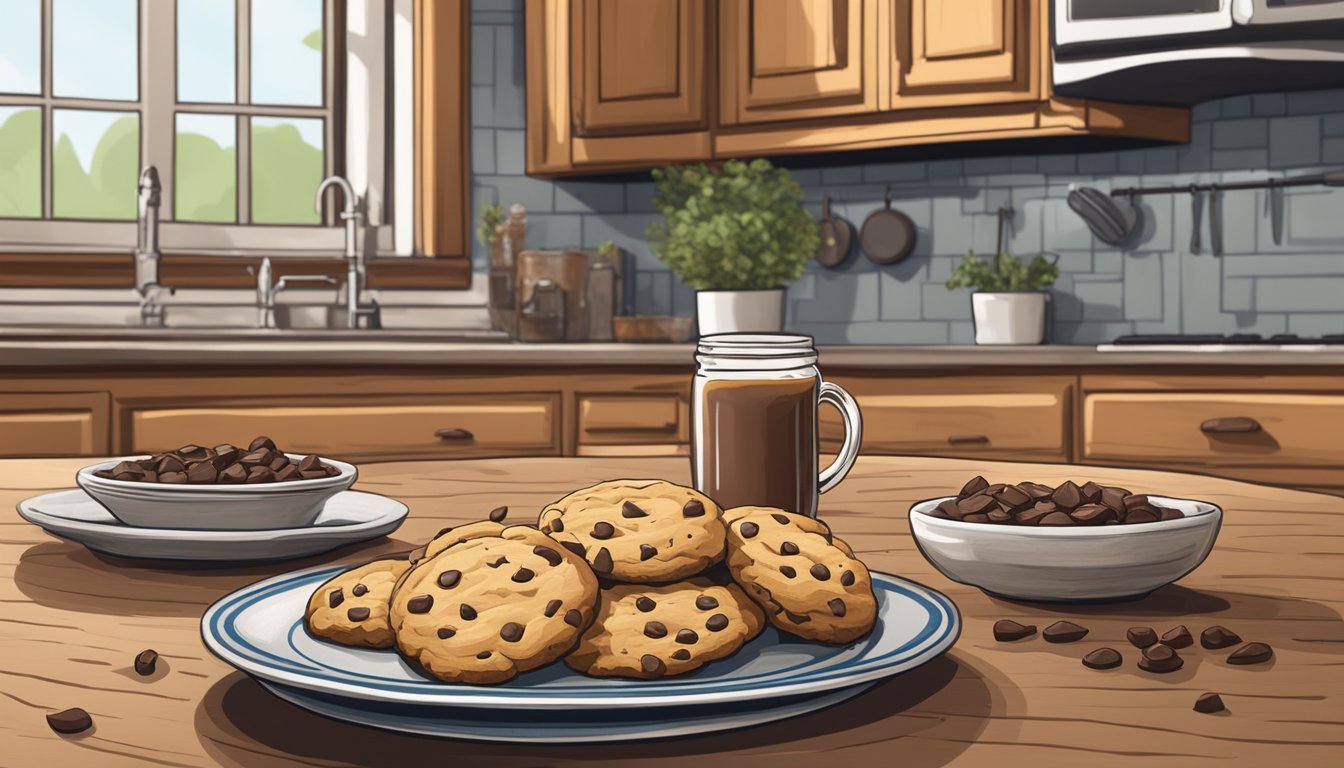 A rustic kitchen table with a plate of chewy chocolate chip tahini cookies, surrounded by Texas-themed decor and a warm, inviting atmosphere