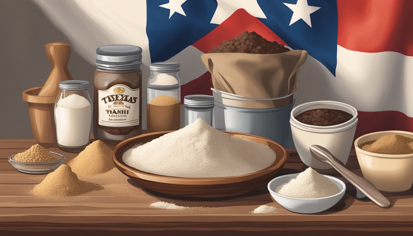 A rustic kitchen counter with scattered ingredients: flour, sugar, chocolate chips, and a jar of tahini. A Texas flag hangs in the background