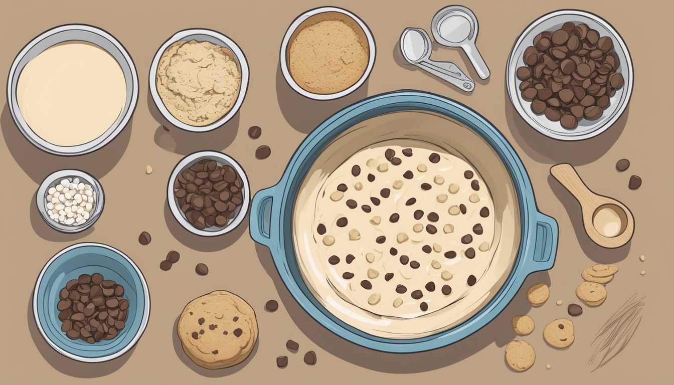 A mixing bowl filled with tahini, chocolate chips, and cookie dough, surrounded by measuring cups and a recipe card