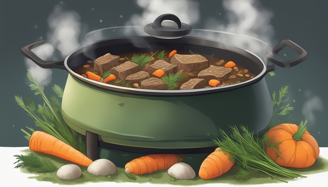 A large pot simmering on a stove, filled with chunks of grass-fed beef, mushrooms, and carrots, surrounded by aromatic herbs and spices