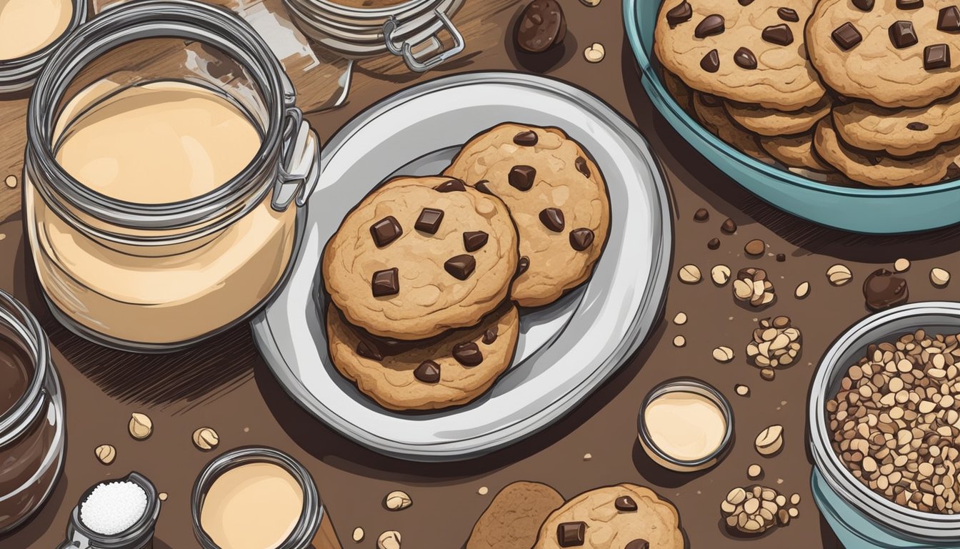 A rustic kitchen table with a plate of chewy chocolate chip tahini cookies, surrounded by jars of various ingredients like flour, sugar, and chocolate chips