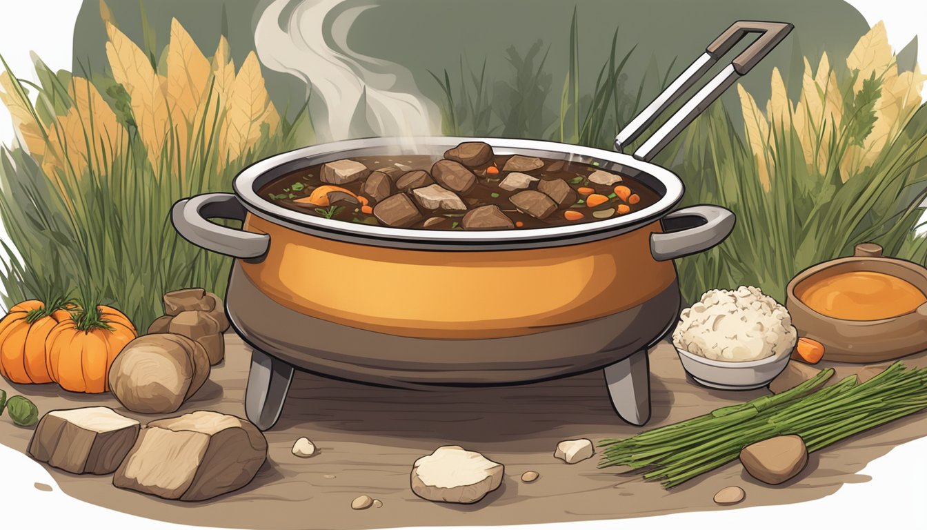 A large pot simmers over an open flame, filled with chunks of grass-fed beef, carrots, and mushrooms in a rich, savory broth