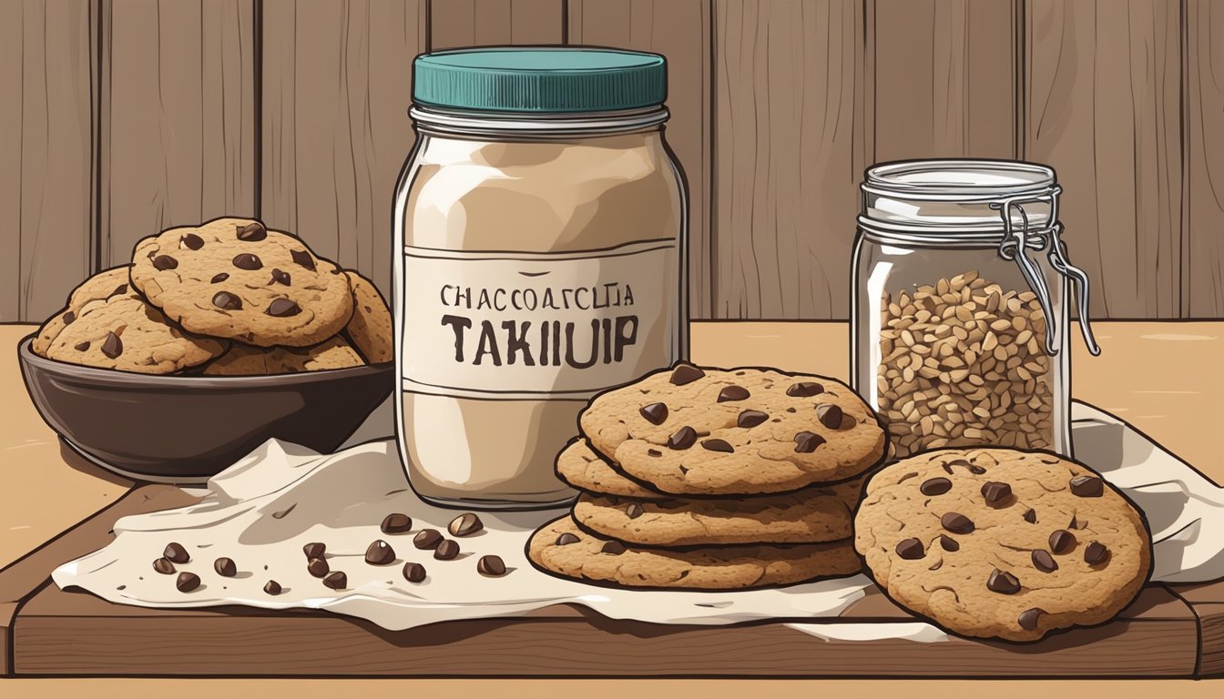 A rustic kitchen counter with a wooden cutting board holding a batch of freshly baked Texas-style chewy chocolate chip tahini cookies, surrounded by scattered sesame seeds and a jar of tahini