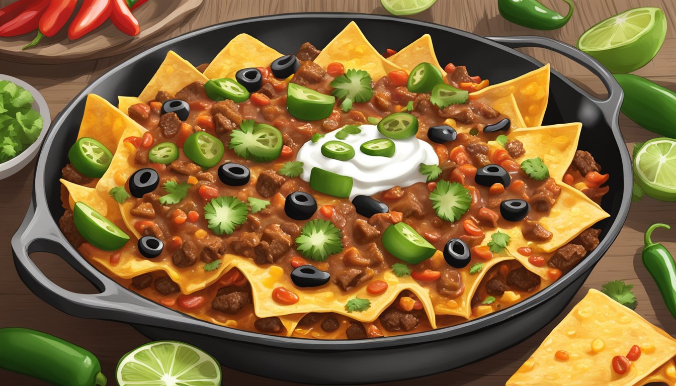 A steaming skillet of loaded nachos with savory Texas-style beef chili, topped with melted cheese, jalapenos, and fresh cilantro