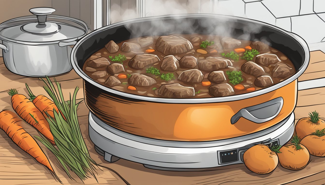 A steaming pot of Texas-style beef stew filled with grass-fed beef, mushrooms, and carrots simmering on a stovetop