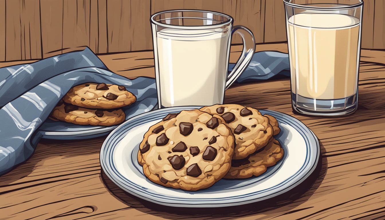 A plate of Texas-style chewy chocolate chip tahini cookies with a glass of milk on a rustic wooden table