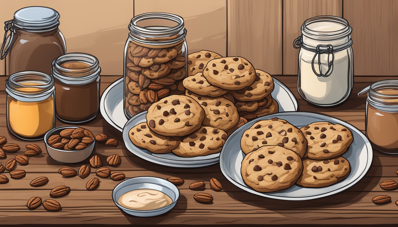 A rustic wooden table topped with a plate of chewy chocolate chip tahini cookies, surrounded by jars of Texas-style ingredients like pecans and cinnamon