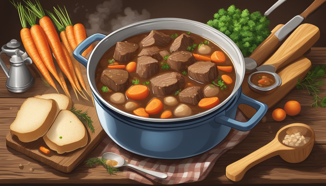 A steaming pot of Texas-style beef stew with mushrooms and carrots sits on a rustic wooden table, surrounded by fresh ingredients and cooking utensils