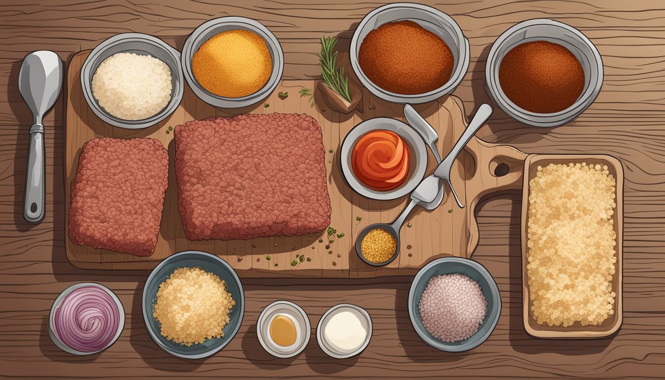 A rustic kitchen counter with a wooden cutting board, ground beef, onions, breadcrumbs, ketchup, and spices laid out for a meatloaf recipe