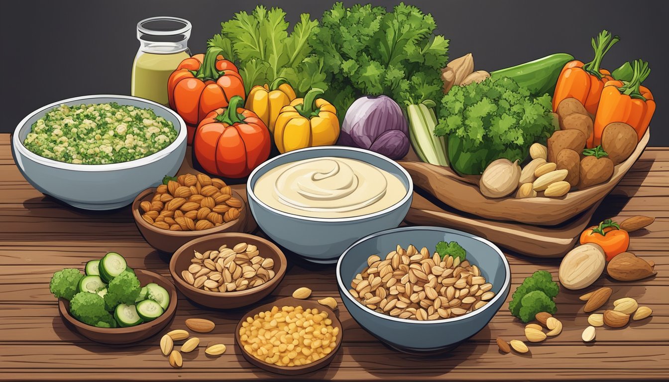 A colorful array of fresh vegetables and nuts arranged on a wooden table, with a bowl of creamy almond sauce beside a stack of crunchy raw wraps