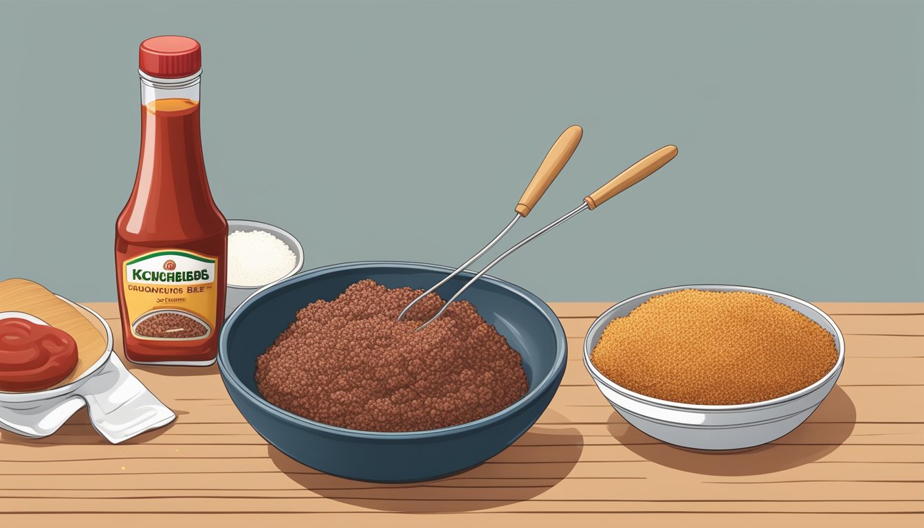 A bowl of ground beef, breadcrumbs, onions, and spices being mixed together. A bottle of ketchup and a whisk nearby