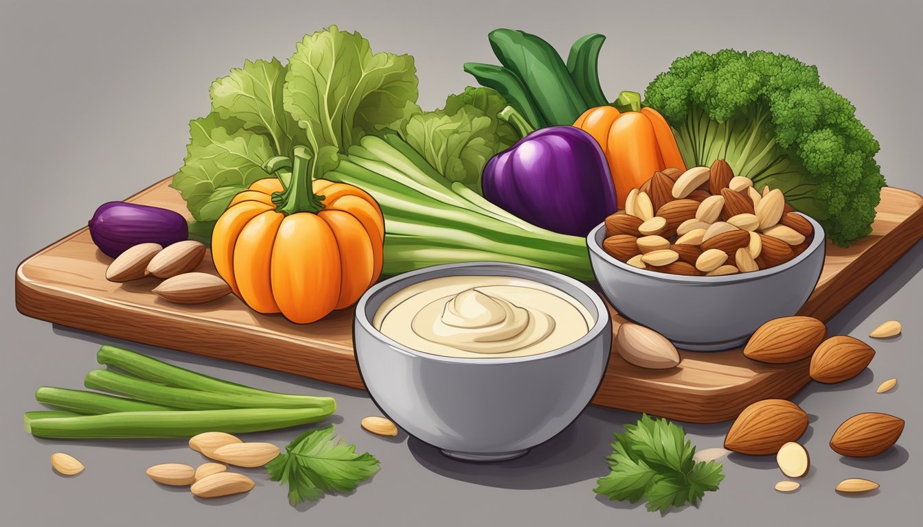 A colorful array of fresh vegetables and nuts arranged on a wooden cutting board, with a small bowl of creamy almond sauce on the side