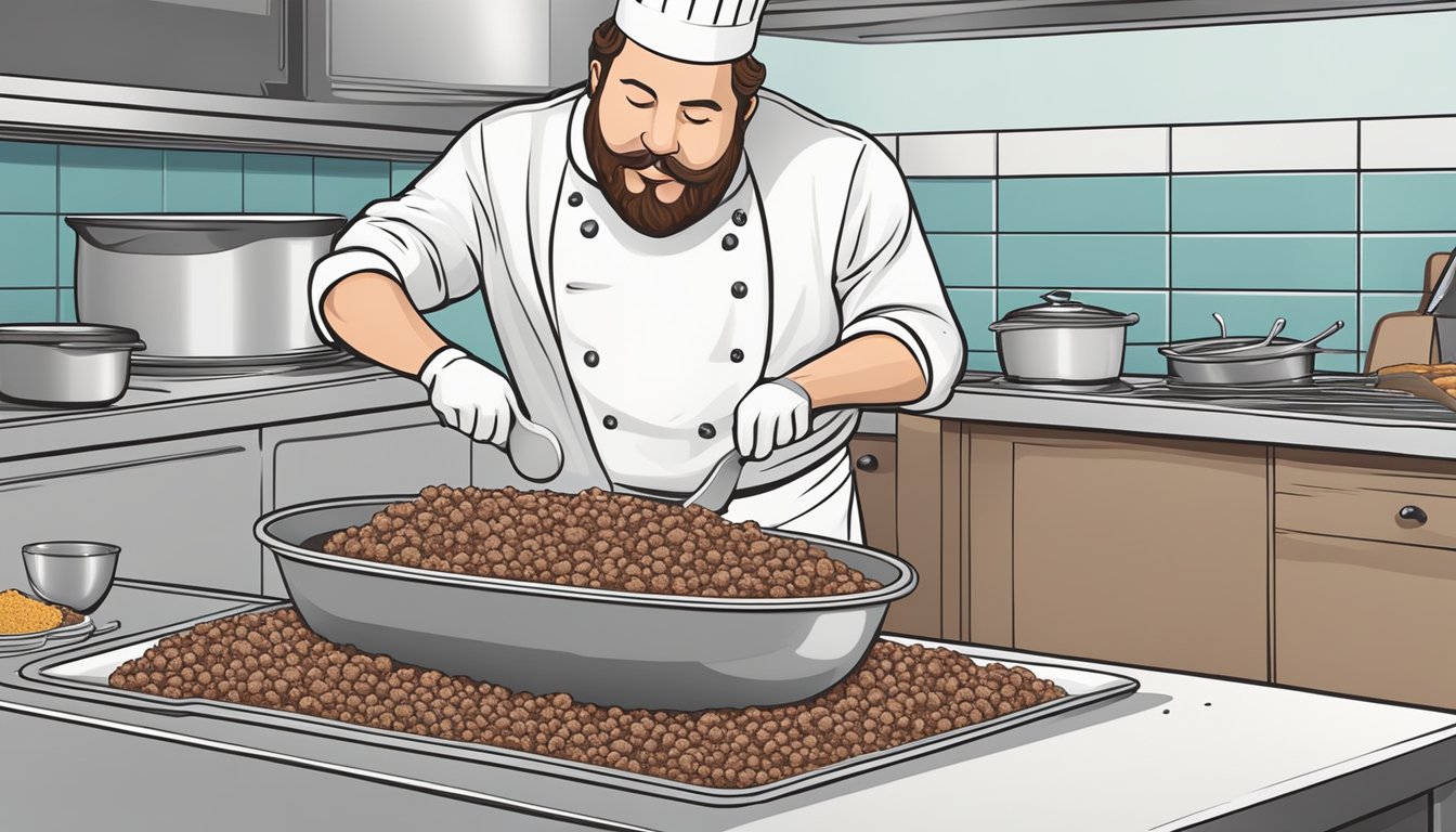 A chef mixing ground beef, onions, and spices in a large bowl, shaping the mixture into a loaf on a baking sheet