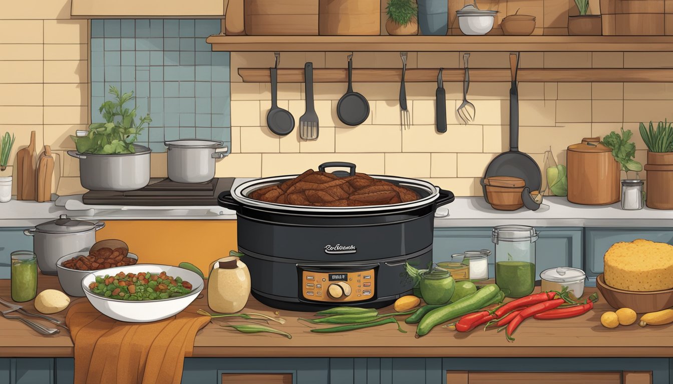 A rustic kitchen with a bubbling slow cooker surrounded by Texas-inspired ingredients like brisket, chili peppers, and cornbread