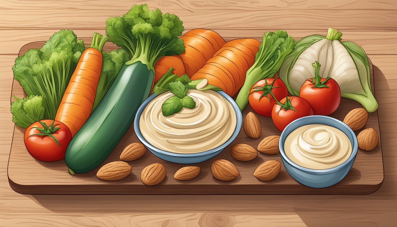 A colorful array of fresh vegetables and nuts arranged on a wooden cutting board, with a small bowl of creamy almond sauce nearby