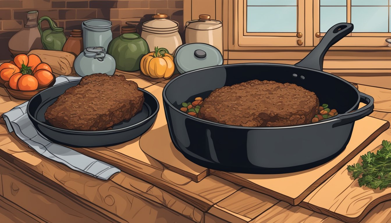 A rustic kitchen with a vintage oven, a seasoned cast iron skillet, and a wooden cutting board with ingredients for a Texas-style meatloaf recipe