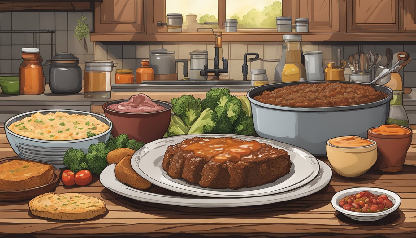 A rustic kitchen counter with a platter of texas-style oven-baked meatloaf surrounded by various sauces and toppings