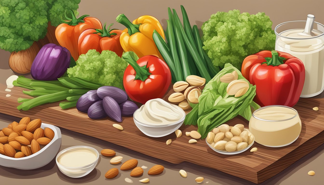 A colorful array of fresh vegetables, nuts, and a creamy almond sauce arranged on a wooden cutting board