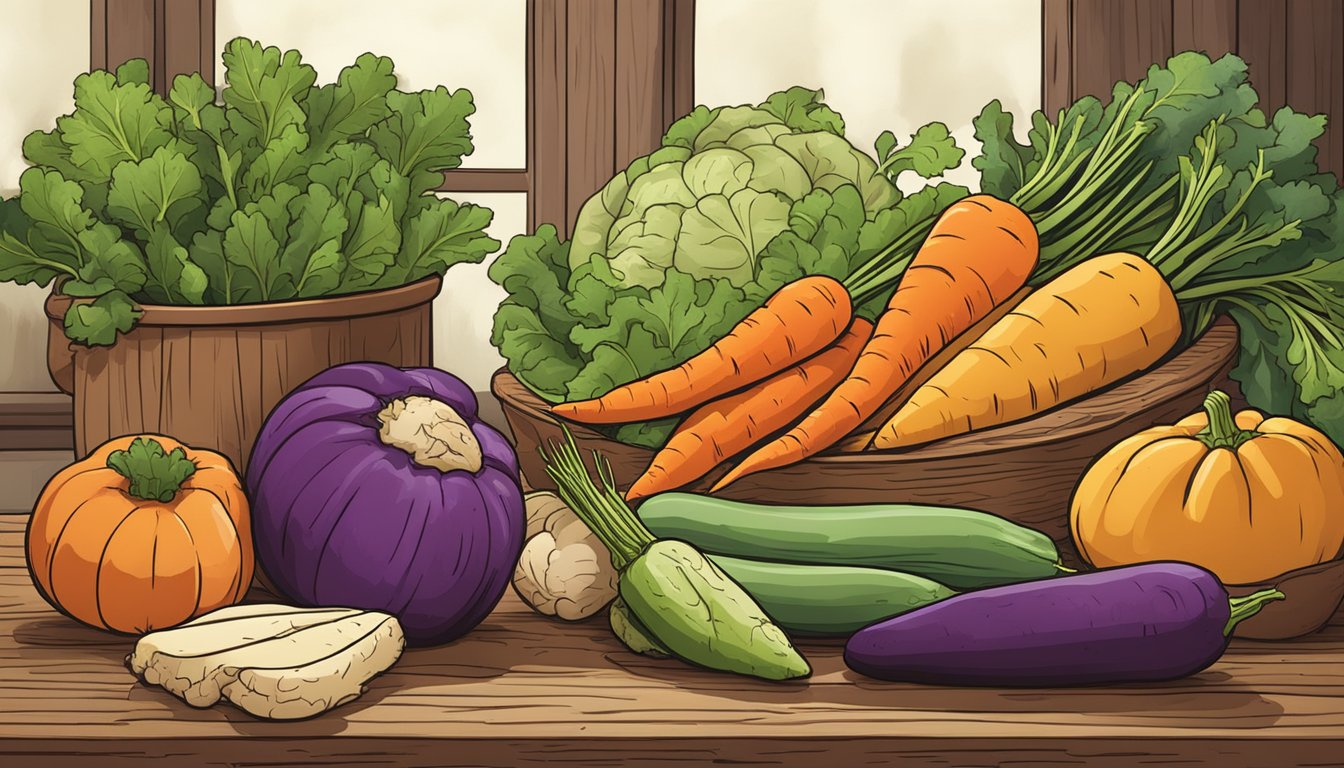 A colorful array of winter vegetables - including carrots, potatoes, and squash - arranged on a rustic wooden table. A slow cooker bubbling in the background