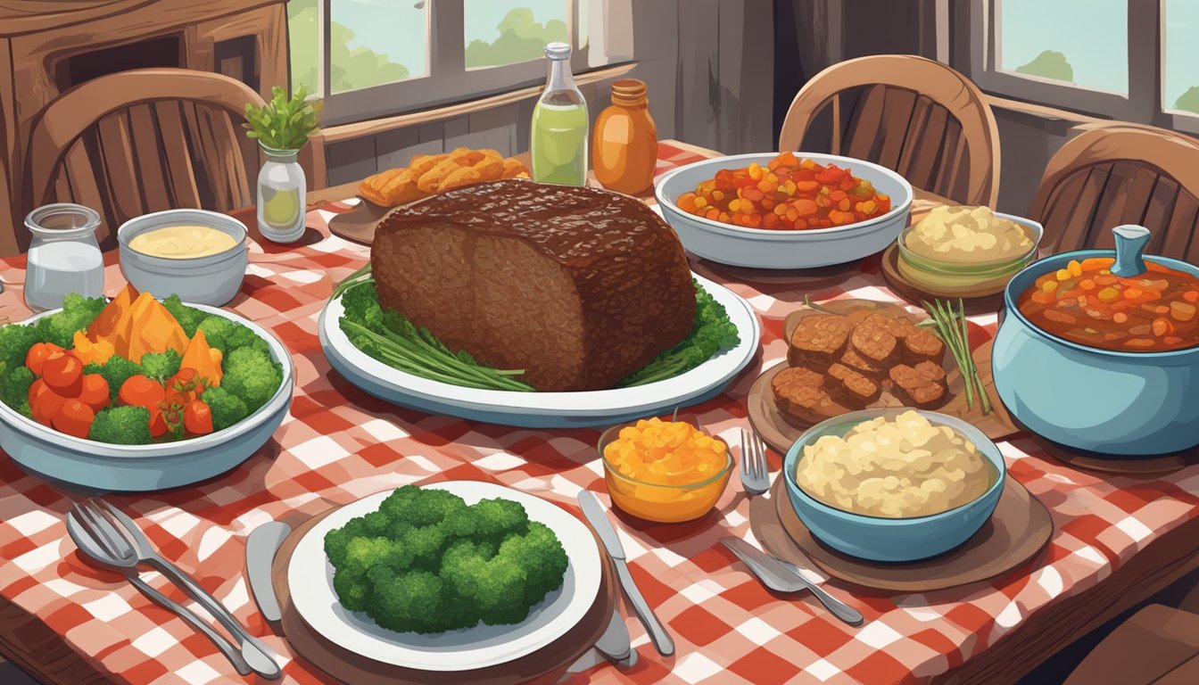 A rustic kitchen table set with a steaming meatloaf, surrounded by colorful side dishes and a checkered tablecloth