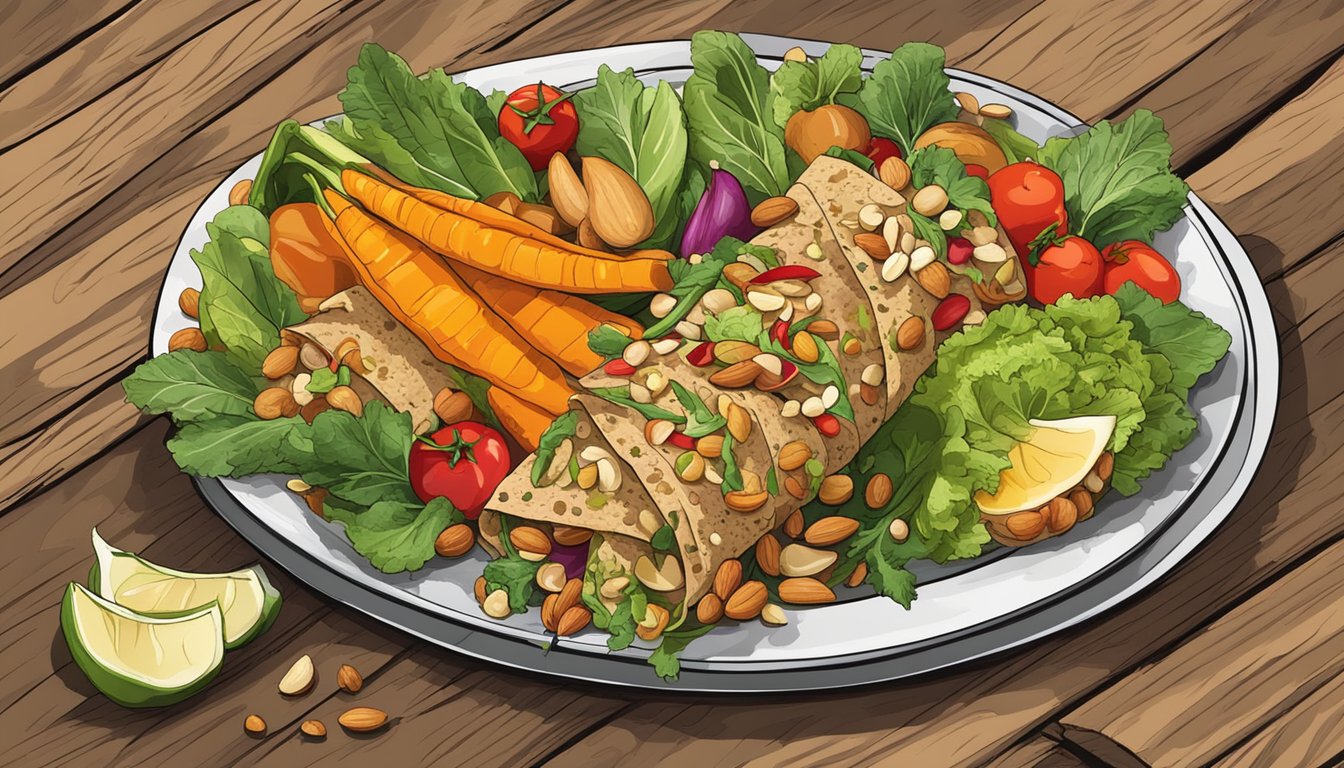 A colorful array of fresh vegetables, nuts, and spices arranged on a rustic wooden table, with a vibrant almond sauce drizzled over a crunchy raw wrap