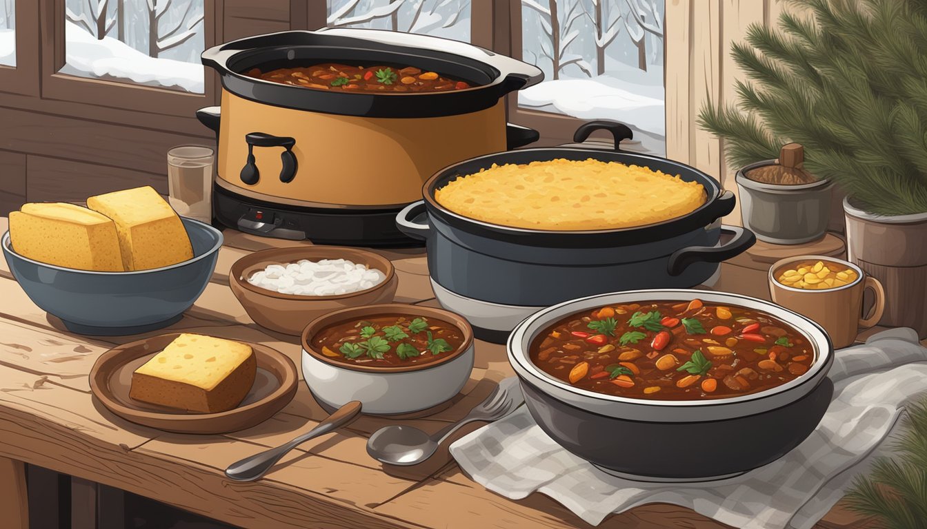 A rustic wooden table set with steaming bowls of chili, cornbread, and stew, surrounded by winter foliage and a cozy slow cooker