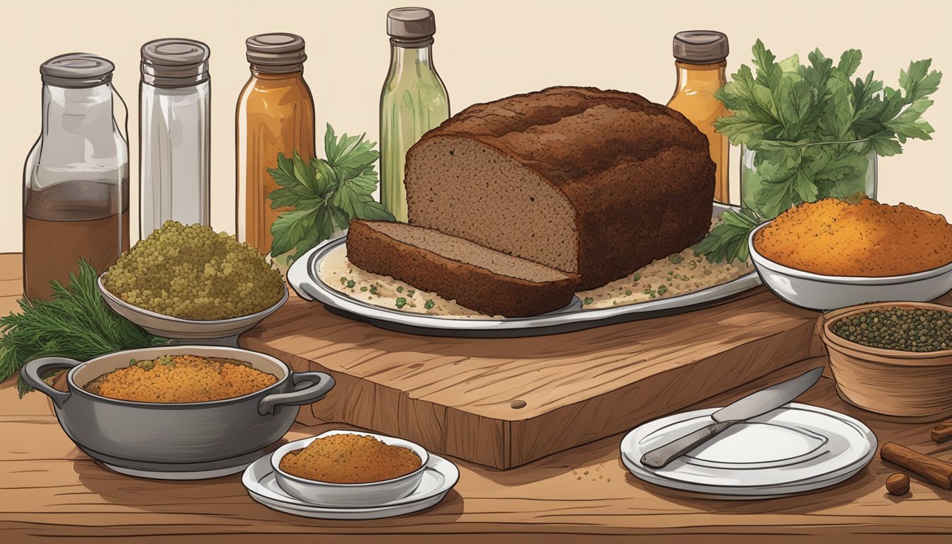 A rustic kitchen counter with a covered dish of oven-baked meatloaf, surrounded by Texas-style spices and herbs