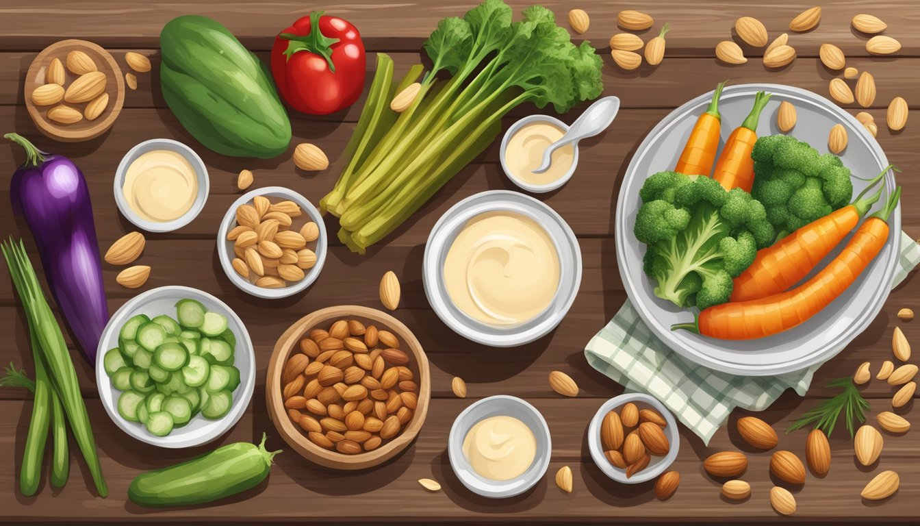 A rustic wooden table set with a colorful array of fresh vegetables, nuts, and a small dish of creamy almond sauce