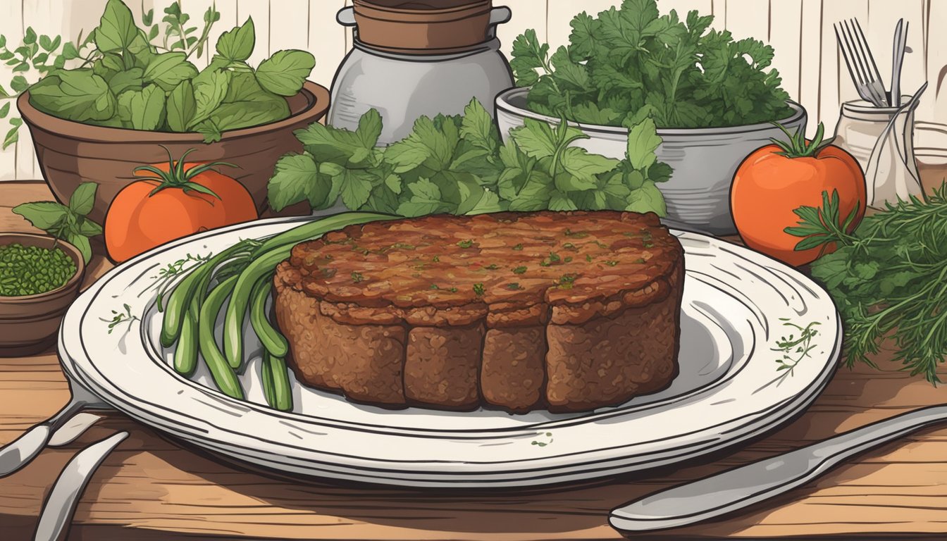 A rustic kitchen table with a platter of oven-baked meatloaf surrounded by fresh herbs, tomatoes, and a handwritten recipe card