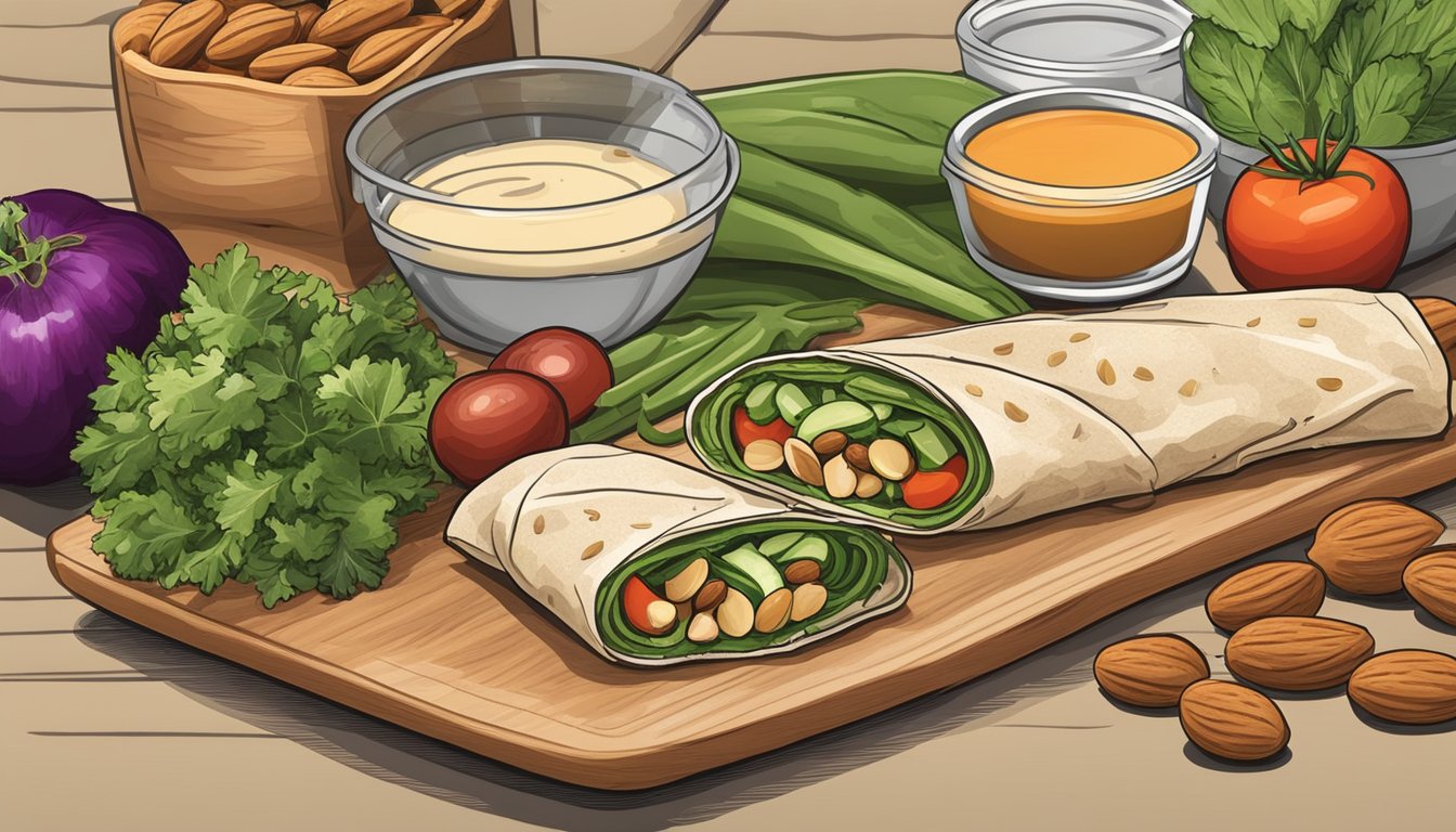 A rustic kitchen counter with fresh vegetables, nuts, and a homemade almond sauce, alongside a colorful Texas-style raw wrap