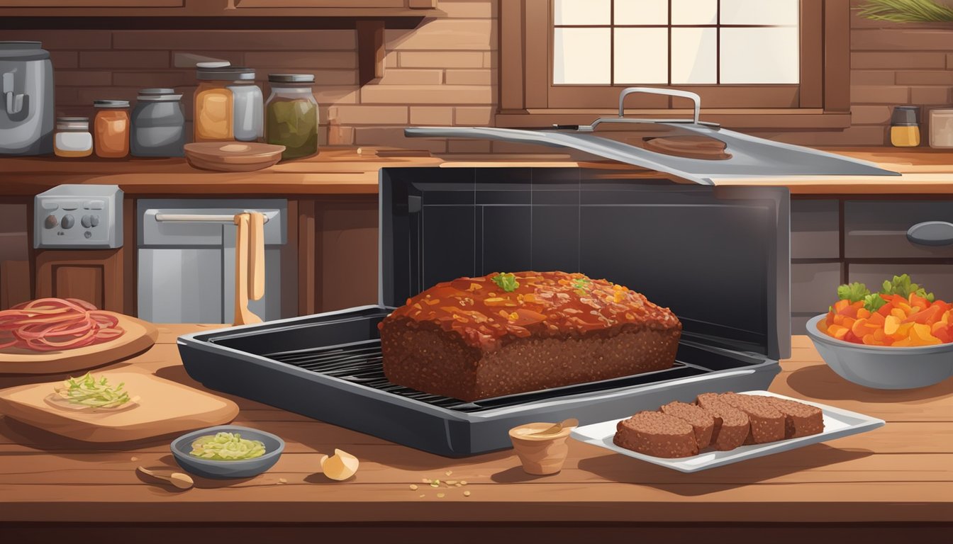 A rustic kitchen with a Texas-style meatloaf baking in the oven, surrounded by ingredients like ground beef, onions, garlic, and barbecue sauce