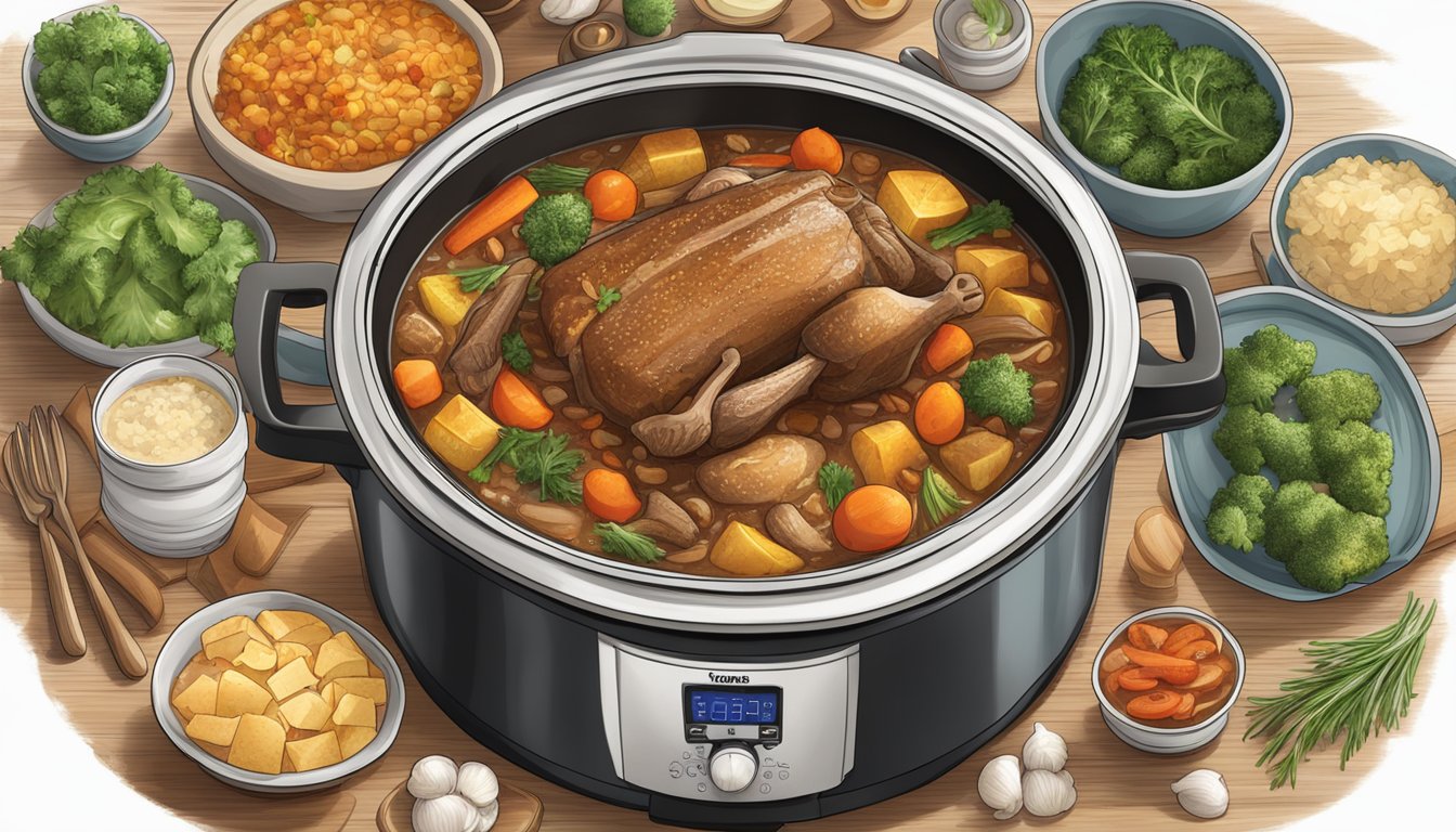 A steaming slow cooker filled with hearty Texas-style winter recipes, surrounded by fresh ingredients and nutrition information