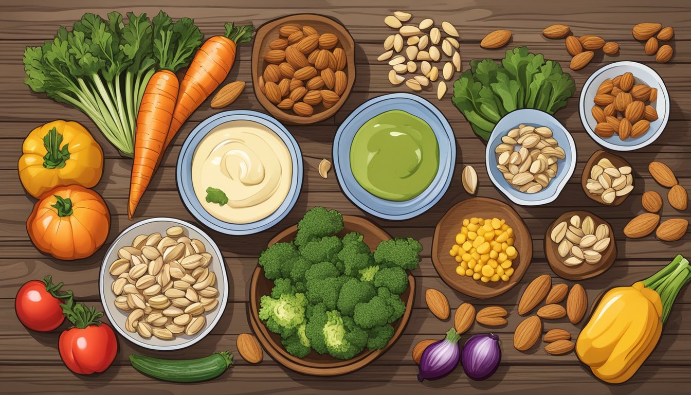 A colorful array of fresh vegetables and nuts arranged next to a bowl of creamy almond sauce, all laid out on a rustic wooden table