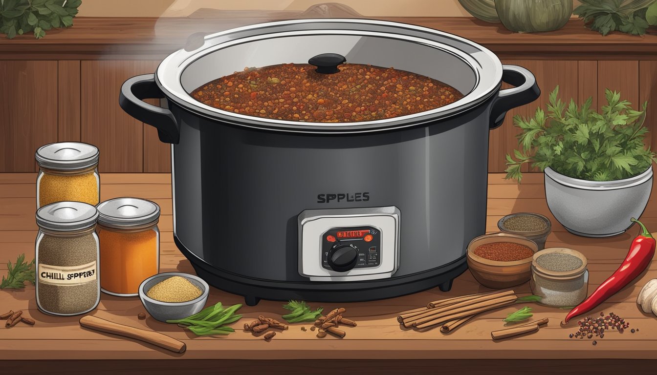 A rustic kitchen with a bubbling slow cooker surrounded by Texas-style spices and ingredients, such as chili peppers, cumin, and smoked meats