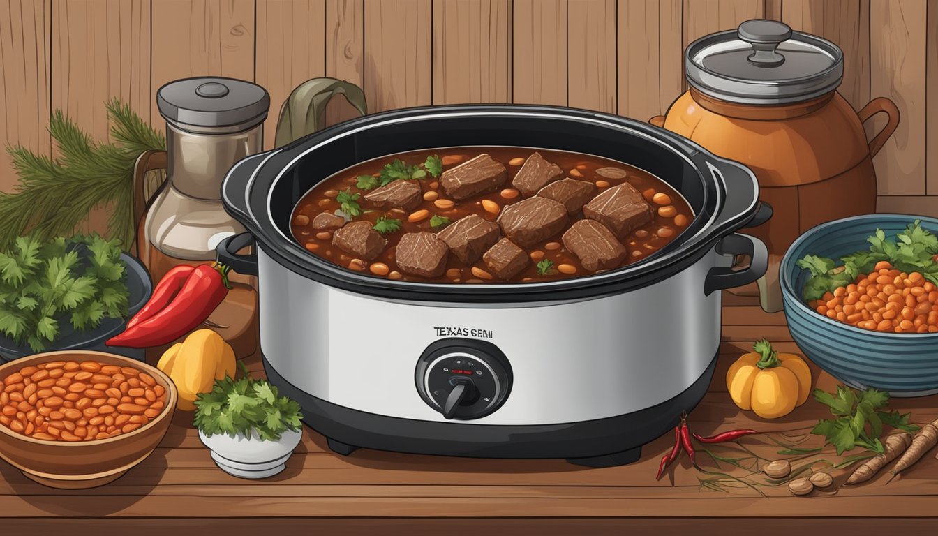 A rustic kitchen with a bubbling slow cooker, surrounded by Texas winter ingredients like beef, beans, and chili peppers