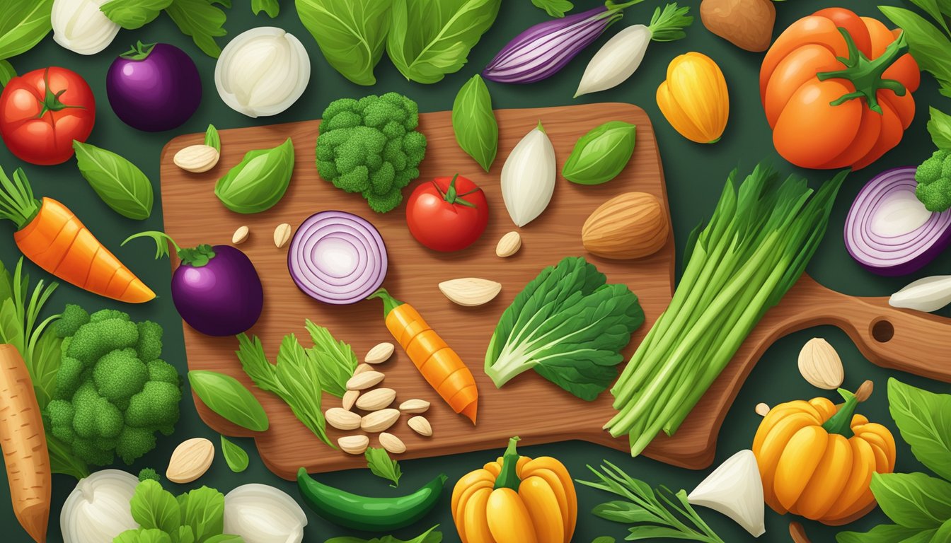 A colorful array of fresh vegetables and almonds arranged on a wooden cutting board, surrounded by vibrant green leaves