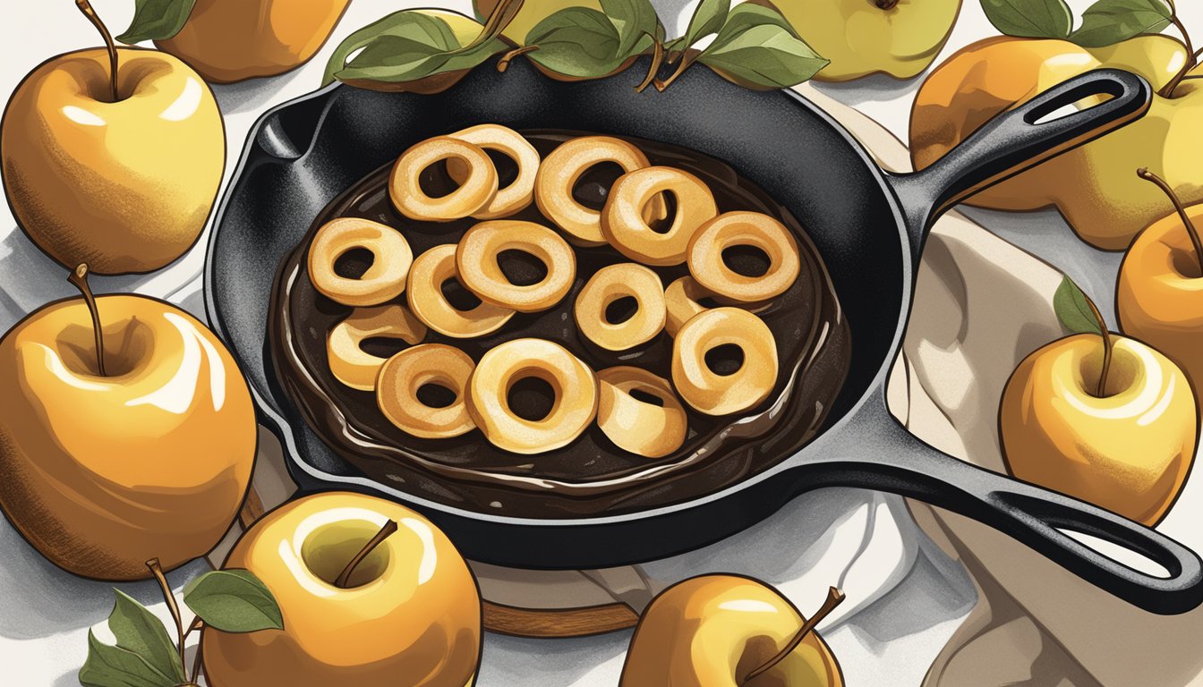 A cast-iron skillet sizzling with golden brown apple rings drizzled with salted caramel