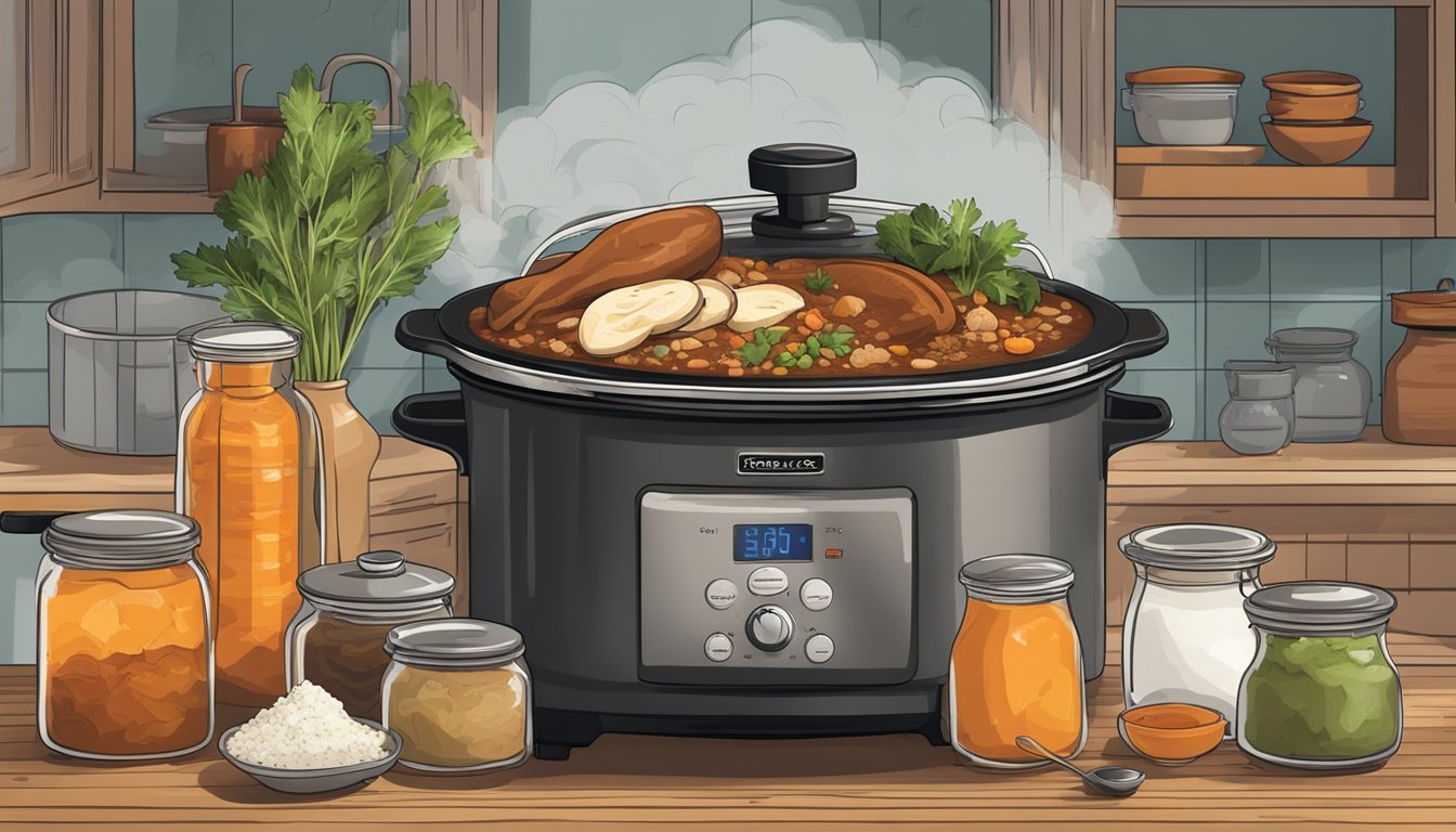 A rustic Texas kitchen with a simmering slow cooker, surrounded by various ingredients and spices, as a cook adapts recipes for picky eaters