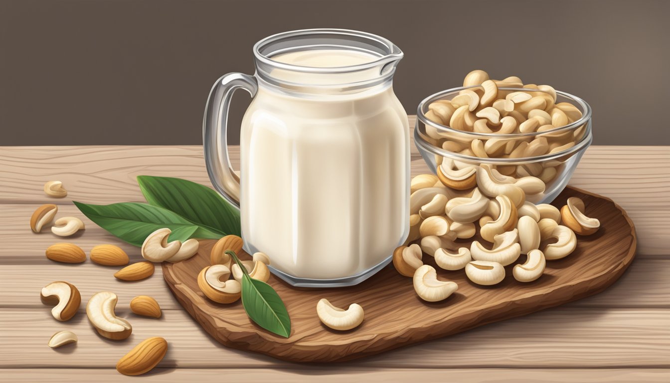 A rustic wooden table with a glass pitcher of creamy vanilla cashew milk, surrounded by scattered cashews and vanilla pods