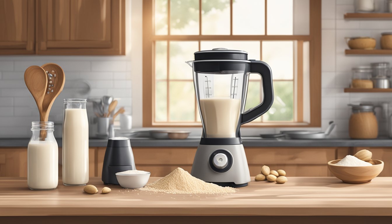 A wooden blender filled with creamy vanilla cashew milk spins on a rustic Texas-style kitchen counter